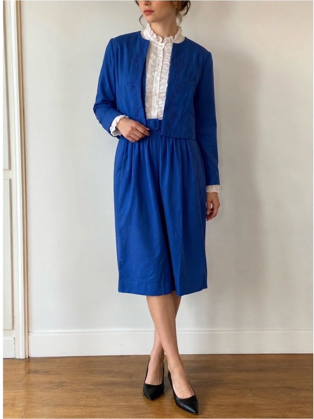 NEW VINTAGE 80s Size 18 Paul Alfred Blue Belted Secretary Dress and Jacket Set